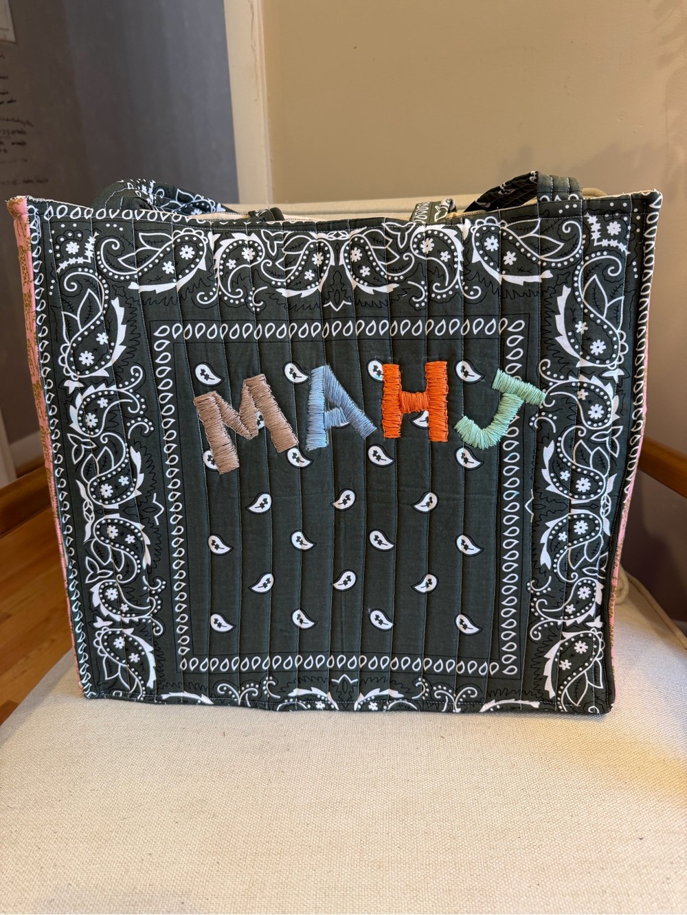 Handmade Quilted MAHJ Mahjong Tote – Hunter Green Bandana Totebag